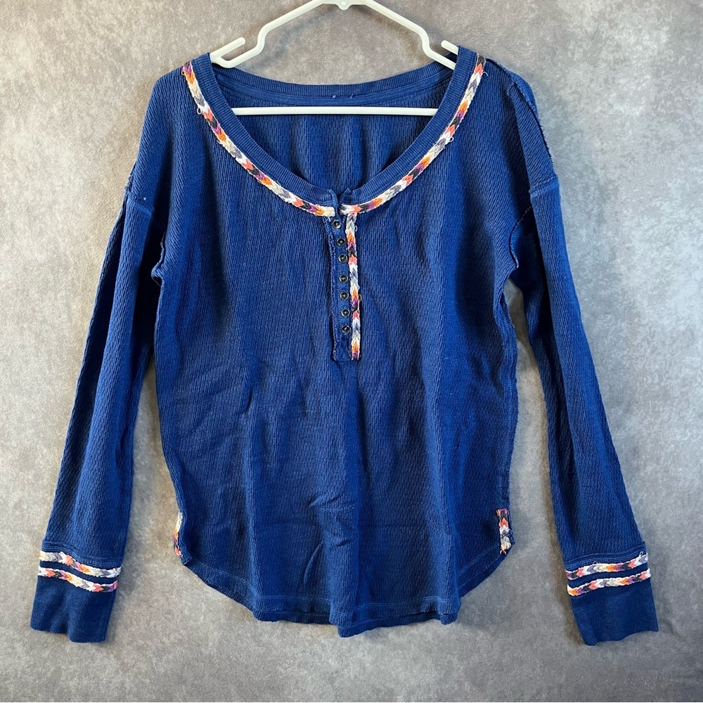 Free People Henley Top Women Smallโ Blue Waffle Knit Braided Trim *See Desc*